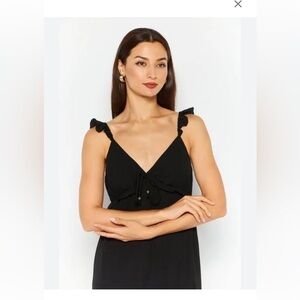 Kingston Grey Medium black ruffle straps, tie on front, empire waist maxi dress